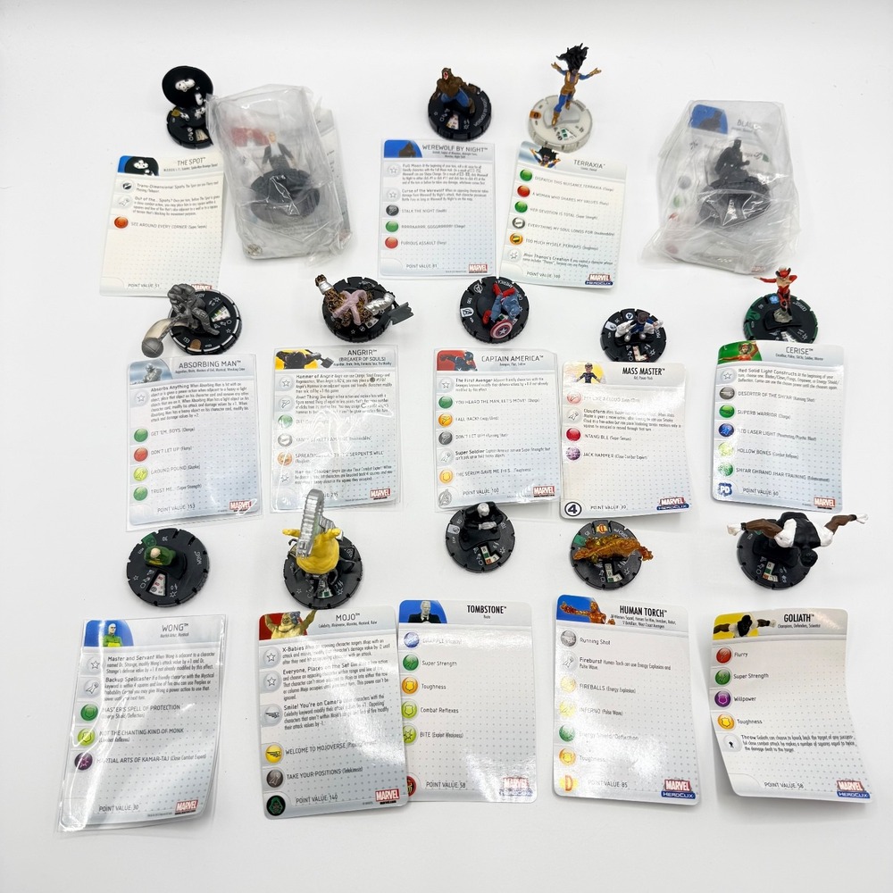 Heroclix Marvel Uncommon, Super‎ Rare, Unique Mixed Lot of 15 with Cards Lot G